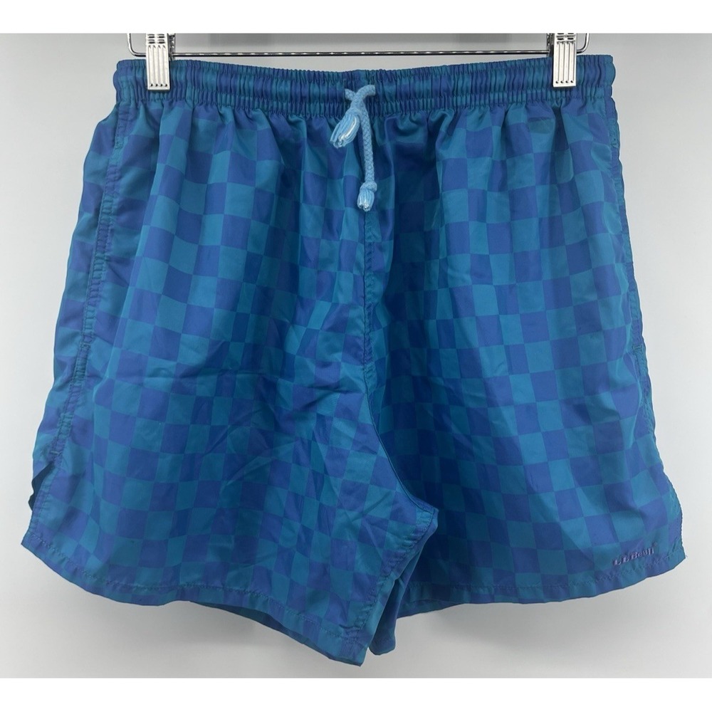 Vtg LL Bean Checkerboard Shorts Blue Large 31 6" Inseam Nylon Blend